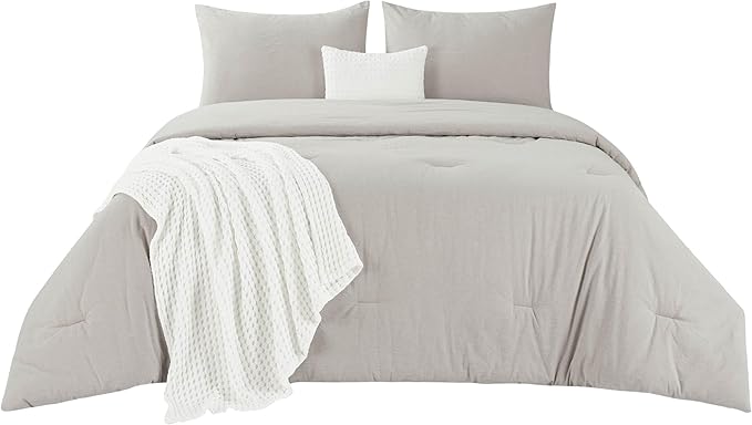 Bedsure 5 Pieces Cotton Comforter Set with Cotton Waffle Throw Blanket - Beige Queen Comforter, Pillow Shams, White Cooling Blanket of Rayon Derived from Bamboo for Hot Sleepers, Throw Pillow