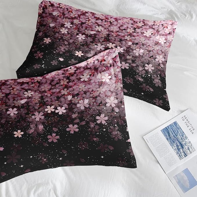 Comforter Set Queen Size, Pink Cherry Flower 7 Pcs Bedding for Kids and Adults, Blossom Floral Bed Sheet Sets with Fitted Sheet 2 Pillowcases & 2 Shams for Bedroom Bed Decor