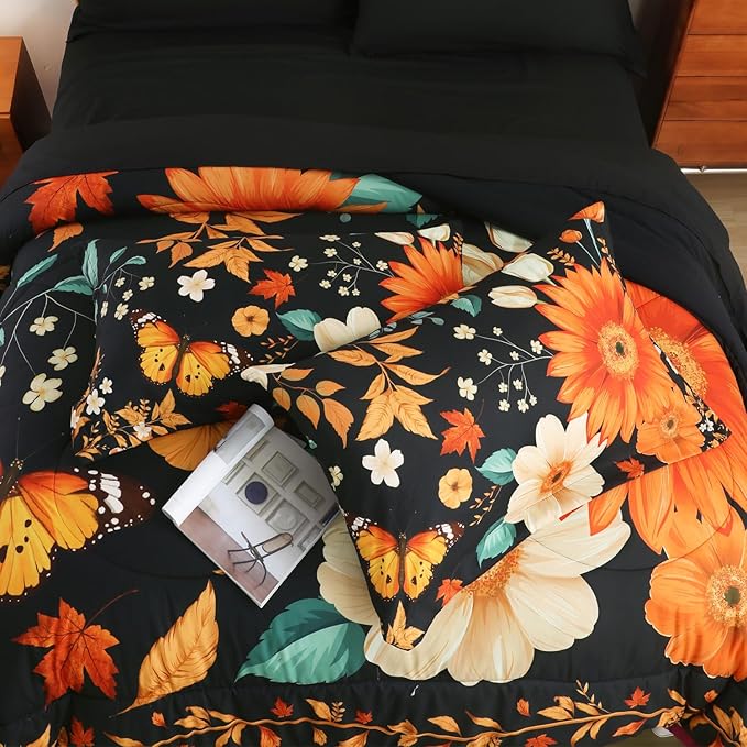 EVENHUG King Comforter Set 7 Pieces Lightweight Soft Queen Size Comforters for All Season Floral Bedding Sets Bed in a Bag with Flat Sheet and Fitted Sheet Pillowcases (104"x90")