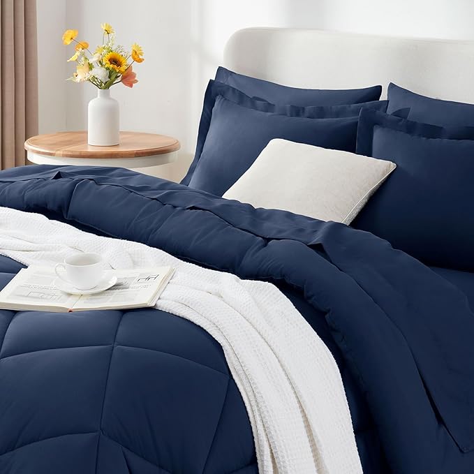 CozyLux King Size Comforter Set Navy Blue - 7 Pieces Bed in a Bag King, Luxury Soft Bed Set for All Seasons, Bedding Set with Down Alternative Comforter, Sheets, Pillowcases & Shams