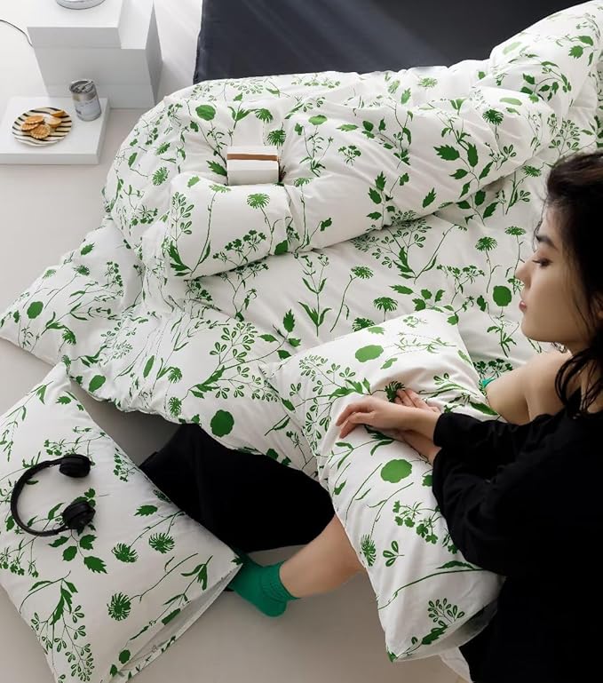 KAREVER Botanical Comforter Set King White and Sage Floral Plant Bedding Comforter Set Girls Blanket Rustic Leaf Blossom Women White Farmhouse Comforter King