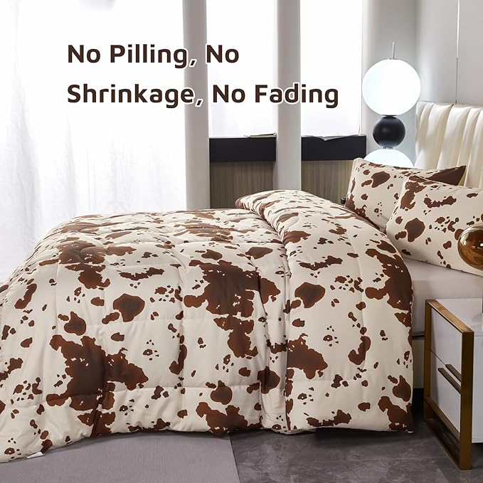 PERFEMET Cow Print King Size Comforter Set Brown and Beige Western Bedding Set Cartoon Animal Pattern Farmhouse Bed Set for Teens Boys Girls Men Women (Beige,King)