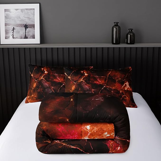 Orange Comforter Set King Size,Orange Marble Bedding Set 3 Pcs Bedding for Adults, Marble Room Decor with Comforter and 2 Pillowcases Soft and Lightweight B-Side Black