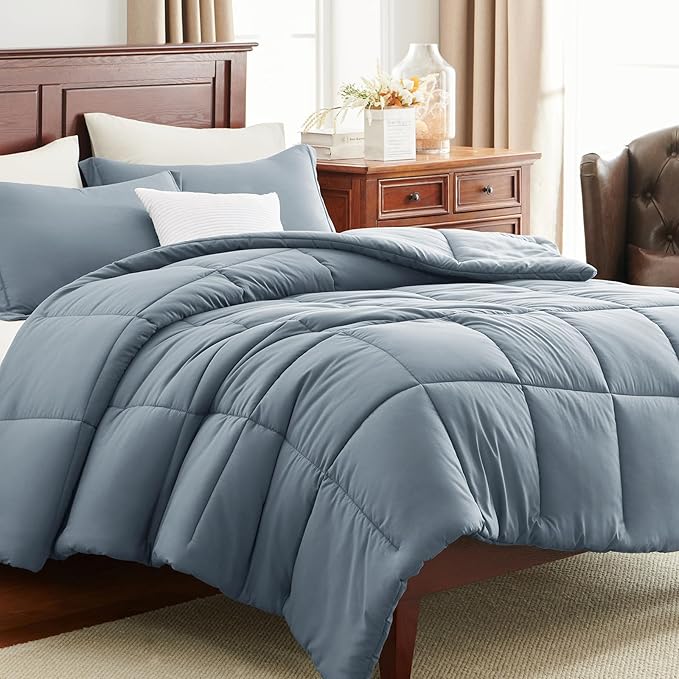 CozyLux Full Size Comforter Sets - Grayish Blue Comforter Full Size, 3 Pieces Box Stitched Bed Set for All Seasons, Soft Lightweight Bedding Sets with 1 Down Alternative Comforter and 2 Pillow Shams