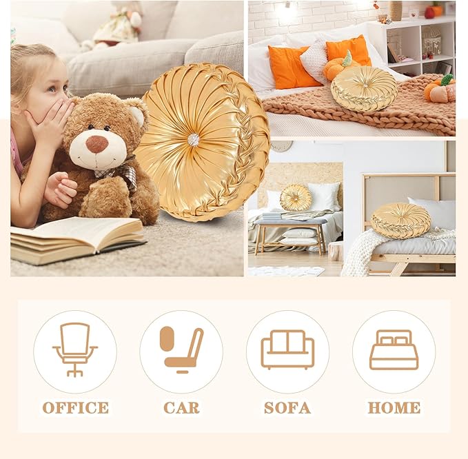 4 Pcs Round Throw Pillows Decorative Polyester Pleated Throw Pillows 15'' Diameter Accent Pumpkin Boho Chair Cushion for Couch Sofa Chair Bed Home Decoration (Gold)