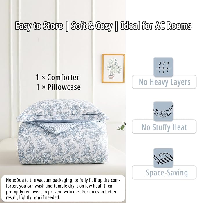 Vintage Cotton Comforter Twin Size 2Pcs - Elegant Pale Slate Blue Floral Pattern on White with Light Blue & White Striped Reverse, Luxurious Lightweight Bedding Sets with Soft Fill(68"×90")