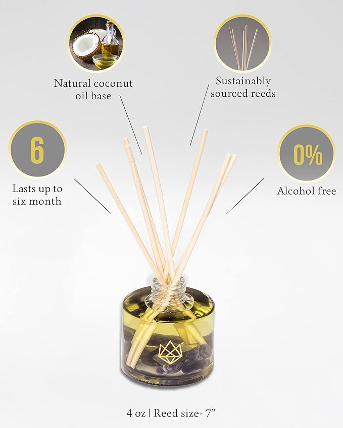 Crystal Infused Reed Diffuser, 4 OZ, Transformation - Amethyst Crystal Infused - Scents of Jasmine, Bergamot, Vanilla, & Cedar - Home Decor, House Warming, Valentine's Day Gift