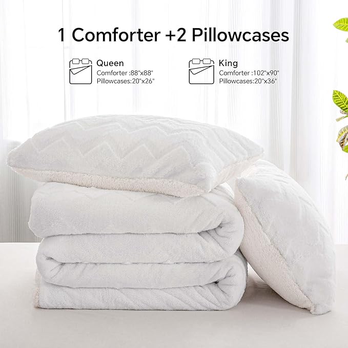 BEDELITE Fluffy King Size Comforter Set - Super Soft Sherpa White Comforter for King Size Bed, Luxury Warm Bedding Set for Winter, Fuzzy Bed Set 3 Pieces (1 Comforter, 2 Pillowcases)