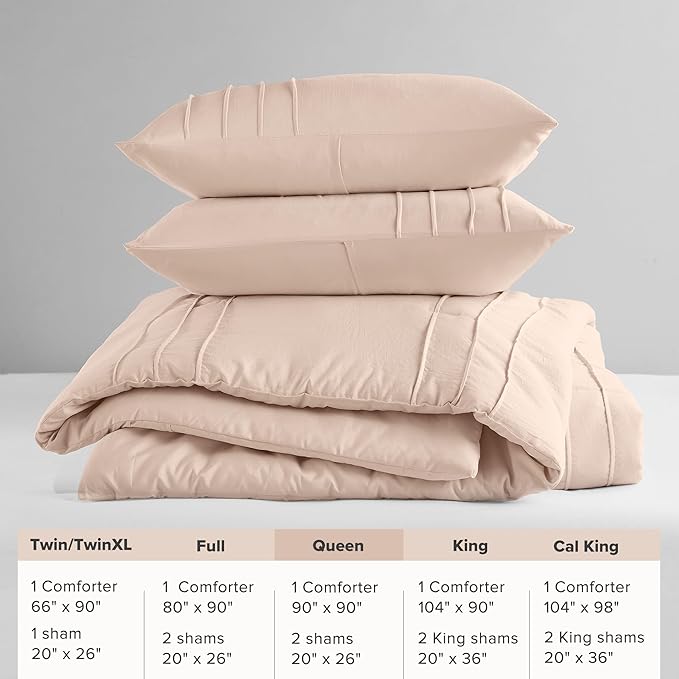 Comfort Spaces Blush Queen Size Comforter Set - 3 Piece Pintuck Pleated Bedding Set, All Season Lightweight, Extra Softness Pre-Washed Microfiber Bed Set, Shams