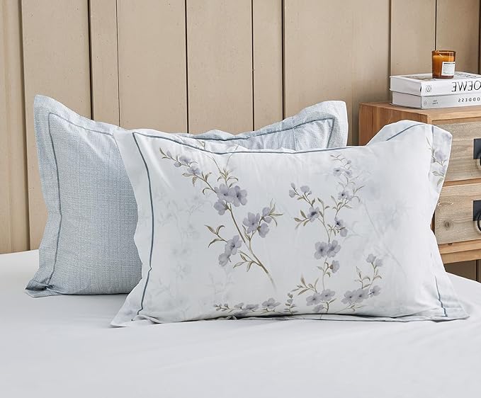 SLEEPBELLA Comforter King Size, 600 Thread Count Cotton White Printed with Purple Botanical Comforter Set,Down Alternative Bedding Set 3Pcs(King, Purple Botanical)