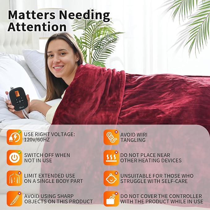 Heated Electric Blankets - Soft Flannel Heating Throw Electric Blanket Full Size 77" × 84" Red - Velvet & Velvet