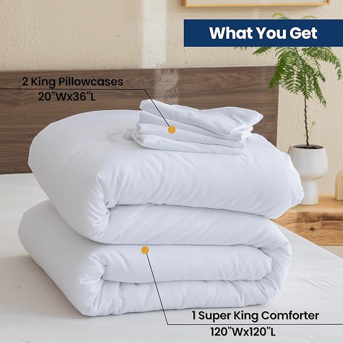 Paxrac White Super King Comforter Set 120x120In, 3 Pieces Oversized King Comforter Set, Lightweight Solid Bedding Set, All Seasons Soft Fluffy Bed Set (1 Comforter & 2 Pillowcases)