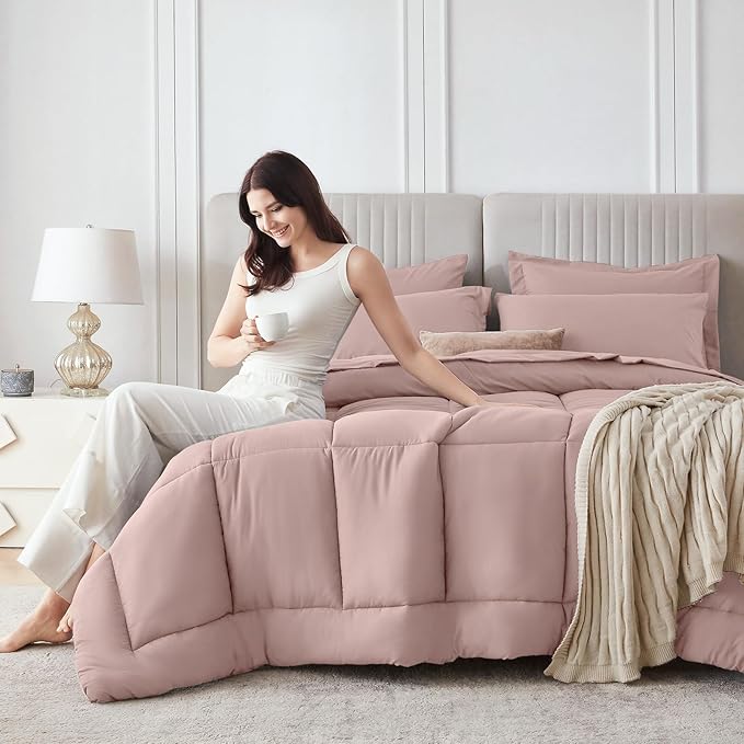 Sasttie California King Comforter Set, 7 Pieces Cal King Bed in a Bag, Complete Bedding Set Includes Comforter, Flat Sheet, Fitted Sheet, Pillowcases and Pillow Shams, Rose Gold