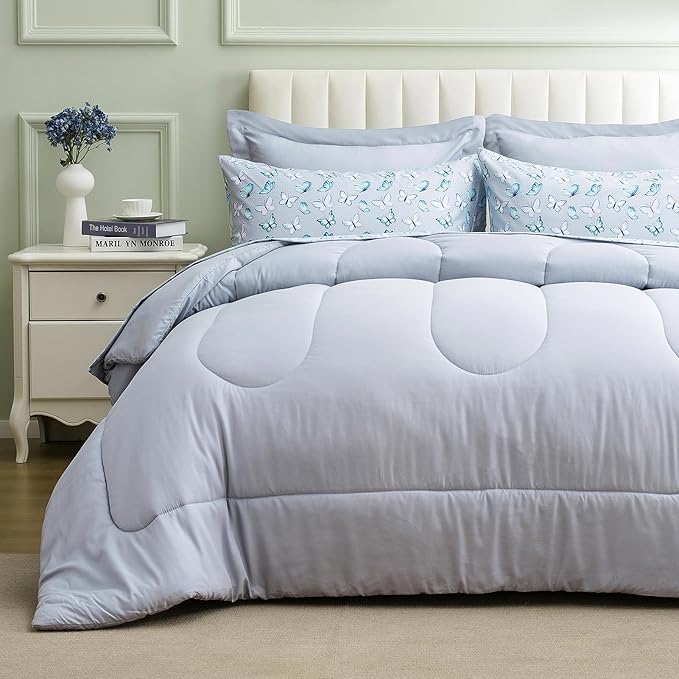 ARTALL Queen Bed in a Bag 7 Pieces, Light Gray Solid Comforter with Cute Colorful Butterfly Sheet Set, Soft Reversible Bedding Sets with Comforter, Sheets, Pillowcases & Shams for All Seasons