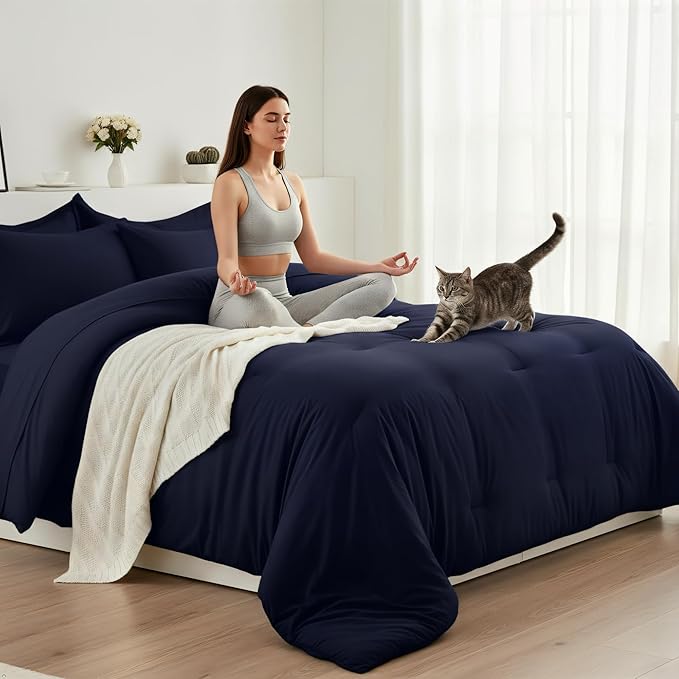 Full Comforter Set 7 Pieces - Ultra-Soft Bed in a Bag Full Size, Cozy Luxury All Season Bedding Sets with Comforter, Flat Sheet, Fitted Sheet, 2 Pillow Shams & 2 Pillowcases, Navy Blue