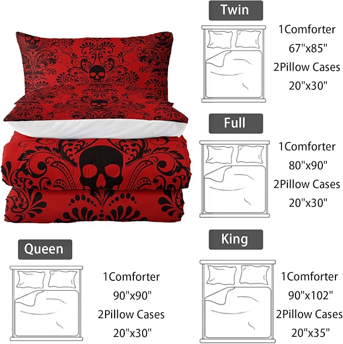 Adults Red Gothic Comforter Set Full Size,Vintage Damask Floral Bedding Set 3Pcs,Bohemia Bedding Set Goth Skull Printed Quilted Set for Teens Adult with 1 Comforter and 2 Pillowcase