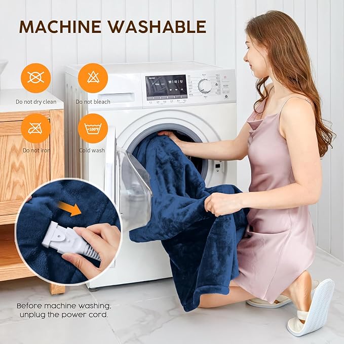HYLEORY Heated Electric Blanket Throw, 2-Layer Cozy Warm Flannel 50" x 60", Heating Blanket with 9 Heating Levels, 2/4/6/10 Hours Auto Off, Fast Heating Winter Blanket, Navy Blue