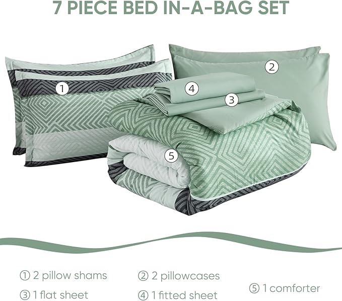 Drucon Sage Green Comforter Set Queen Size 7 Piece Bed in a Bag Boho Striped Bedding Set Soft Microfiber Comforter and Sheet Set for All Season (Queen, 90"x90")