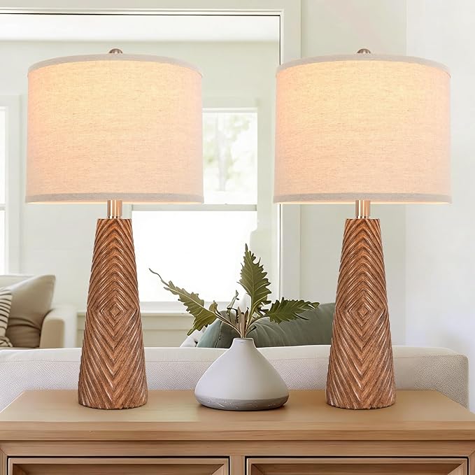 Terpsichore Nightstand Lamp Bedside Lamps Set of 2 Vintage Rustic Farmhouse Table Lamp 3 Way Dimmable Horizontal Stripe Light,for Living Room Bedroom,USB A+C (Brown, Hing 24 Inch)