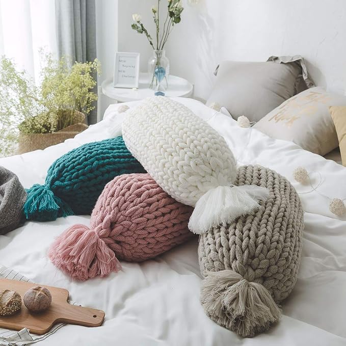 vctops Chunky Knit Candy Shaped Throw Pillows with Insert Super Soft Cozy Decorative Handmade Cushions (White, 12"x20")