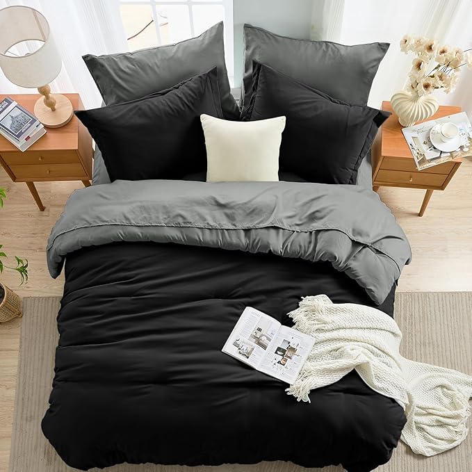 MUXHOMO 7 Pieces Queen Comforter Set, Soft Bed in a Bag Queen Size, All Season Bedding Set with Comforter, Flat Sheet, Fitted Sheet, Pillowcases & Shams, Black & Grey