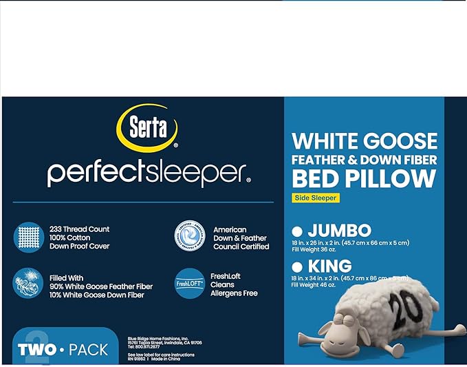 Serta 233 Thread Count White Goose Feather Down Fiber Pillows with Gusseted Supportive Jumbo Size Pillows Set of 2 Pack 100% Cotton Hotel Collection Bed Pillow for Side Sleeper