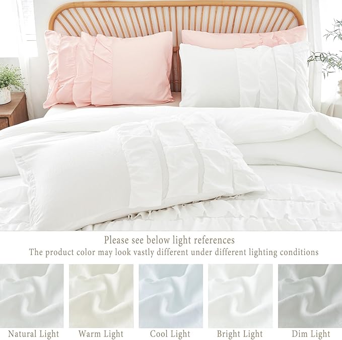 PERFEMET White Twin Comforter Set, 3 Pieces Ruffled Comforter Sets Boho Vintage Farmhouse Shabby Chic Bedding, All Season Soft Lightweight Bed Set for Bedroom (White,Twin)