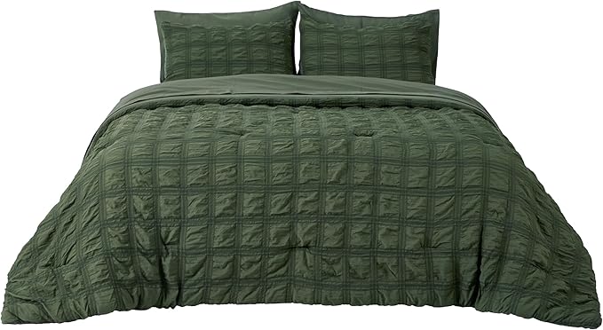 Bedsure Bed in a Bag Full - 7 Pieces Plaid Seersucker Bedding Comforter Sets, Soft Lightweight Olive Green Boho Bed Set with Comforters Full Size, Sheets, Pillowcases & Shams