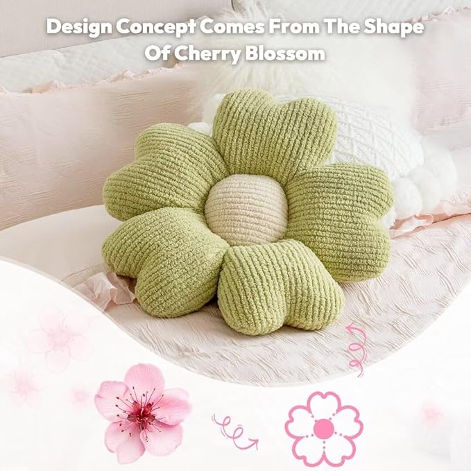 Sioloc Flower Throw Pillow, Cute Daisy Floor Seat Cushion, Aesthetic Fun Decorative Pillows for Bed Sofa Couch(Grassgreen,15.7Inch)