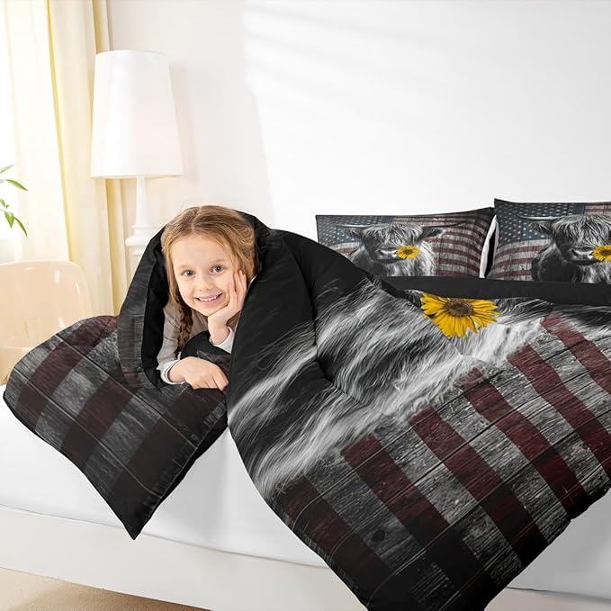 Feelyou Highland Cattle Bedding Set Sunflower Highland Cow Comforter Set for Kids Boys Girls America Flag Bull Comforter Animal Quilt Set 1 Comforter Set with 2 Pillowcases Queen Size