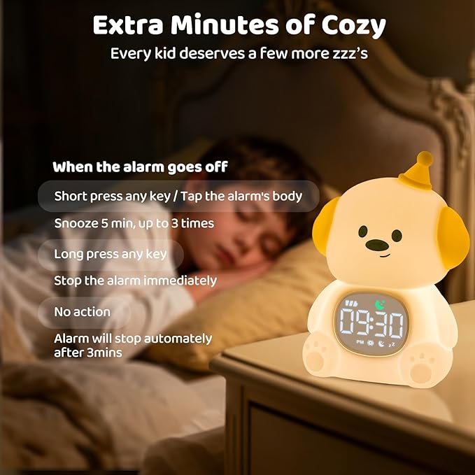 Dog Alarm Clock with Night Light for Kids with Sleep Training and Sound Machine, Rechargeable Silicone Lamp OK to Wake Clock,Cute Animal Tabletop Lamp, Perfect Sleep Companion for Boys Girls