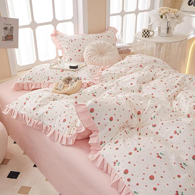 MKXI Strawberry Print Comforter Set - Pink and White Ruffled Bedding with Floral Accents, Soft Microfiber, 3-Piece Queen Size, Lightweight and Cozy for Kids, Teens, and Adults
