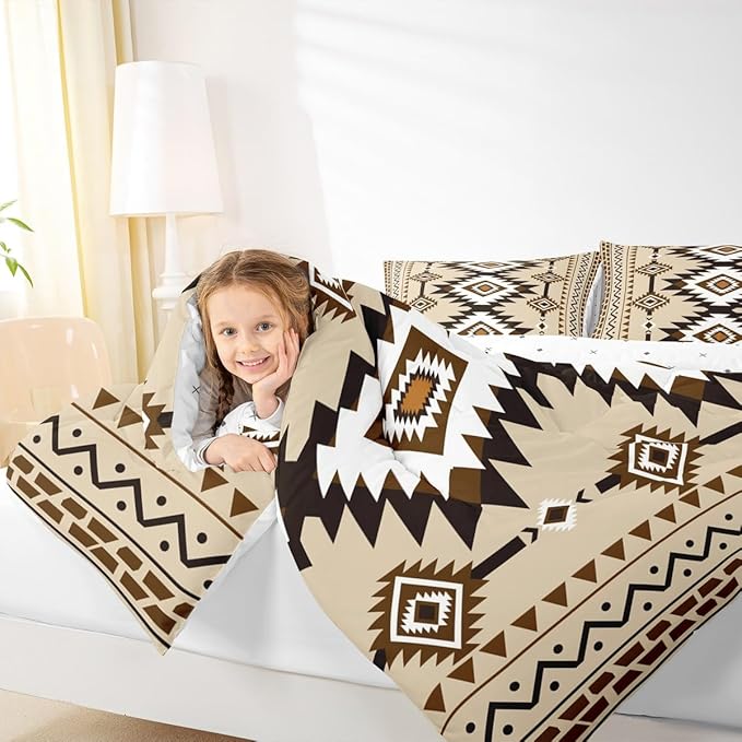 Feelyou Beige Brown Western Bedding Set Full Size Southwestern Aztec Comforter Set Country Tribal Native American Rustic Duvet Quilt