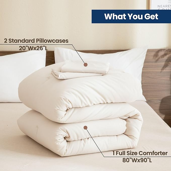 Paxrac Beige Comforter Set Full Size, Cream3 Pieces Comforter Set, Lightweight Solid Neutral Bedding Set, All Seasons Soft Breathable Boho Full Comforter Set (80x90In Comforter & 2 Pillowcases)