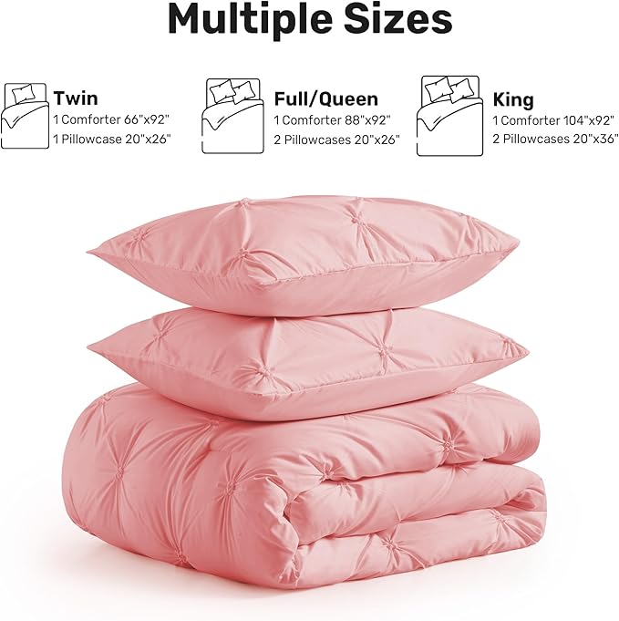 UNIKOME Queen Comforter Set Pink - Ultra Soft Boho Pintuck Down Alternative Bedding Set for All Seasons, 3 Pieces Lightweight Warm Pinch Pleat Bed Set with Comforter, 2 Pillowcases
