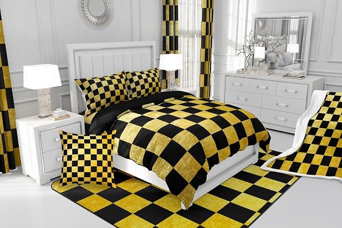 Feelyou Checkered Retro Kids Comforter Set Toddler Size Golden Black Plaid Bedding Set Geometric Vintage Duvet Quilt for Kids Boys Girls Bedroom Modern Simple Groovy Aesthetic Decor