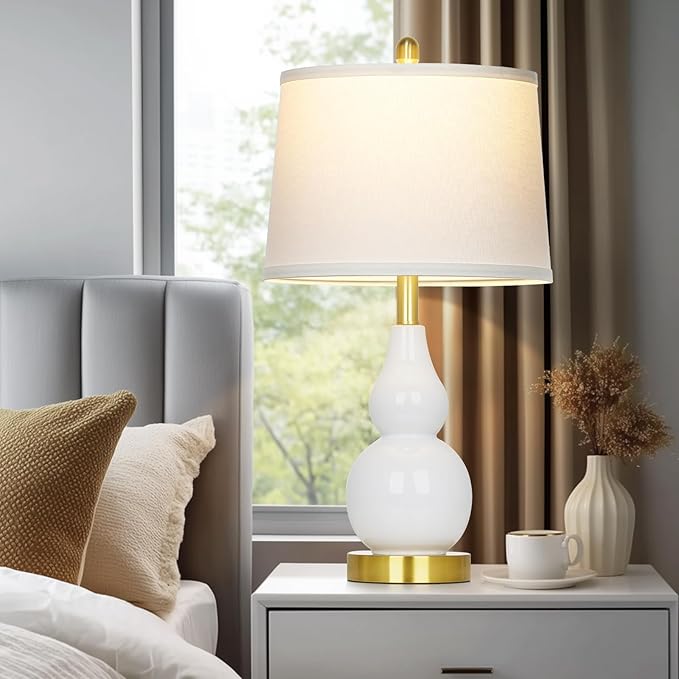 Ceramic Table Lamp for Living Room, 25" Modern Double Gourd Ceramic Lamp for Bedroom White Farmhouse Rustic Classic Bedside Lamp with Round Fabric Shade for Night stand Desk End Tables(Bulb Included)