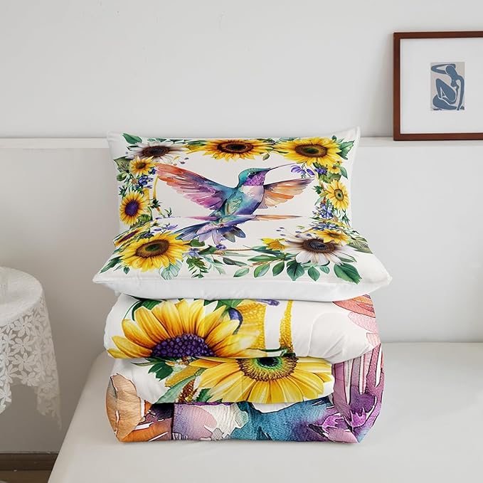 Erosebridal Girls Hummingbird Full Bedding Set Rustic Sunflower Comforter Set for Kids Women Garden Watercolor Bird Flowers Quilt Comforter Farmhouse Botanical Leaves Floral Bed Set 2 Pillow Cases