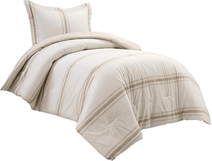 Lush Decor Farmhouse Stripe Reversible Cotton Comforter Set, 2-Piece, Twin XL Neutral - Twin Bedding Set - Dorm Decor - Striped Comforter for Farmhouse Bedroom Decor