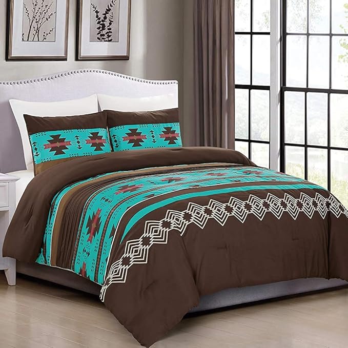 3 Piece Western comforter Southwestern Native American Design Comforter Set Multicolor Teal Coffee Brown Embroidered Queen Size Navajo western Bedding Sets queen- Makala (Queen)