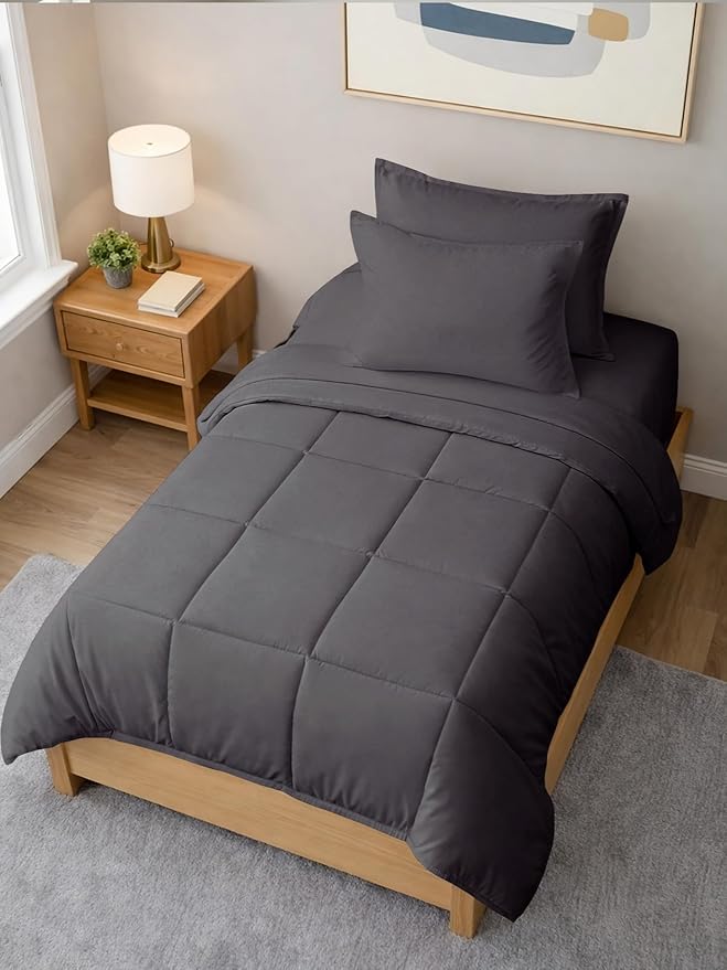 Twin Comforter Set - 5 Piece Bed in a Bag Twin Size Bed Set - Down Alternative Comforter, Flat Sheet, Fitted Sheet, Pillowcase & Sham for All Seasons - Ultra Soft, Cozy, Comfy & Breathable - Dark Grey