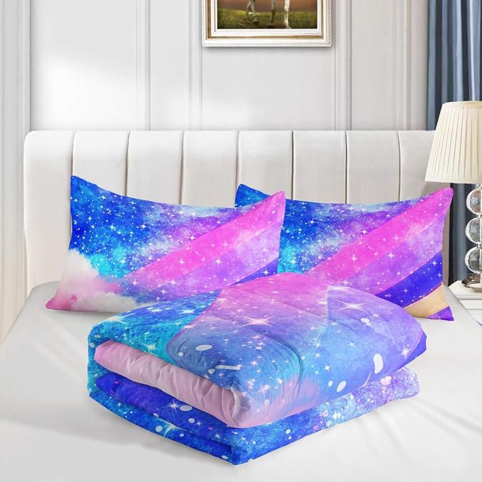 Rainbow Twin Size Comforter Set for Girls Kids Women,Colorful Galaxy Microfiber 3 Piece Bedding Set,All Season Down Alternative Bedding with Matching Sham(Violet Star)