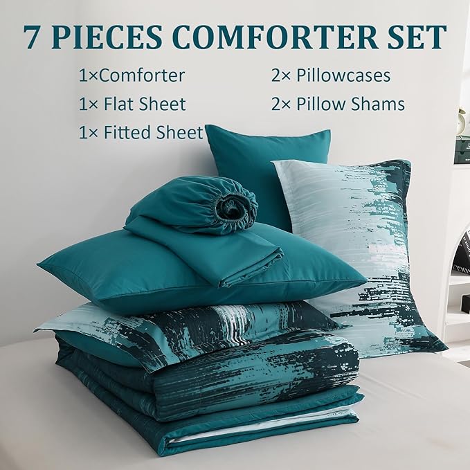 WONGS BEDDING Comforter Set King, Teal Green 7 Pieces Bed in a Bag Colorful Abstract Art Gradient Comforter Soft Microfiber Bedding Set with Comforter, Flat Sheet,Fitted Sheet,Pillow Shams,Pillowcases