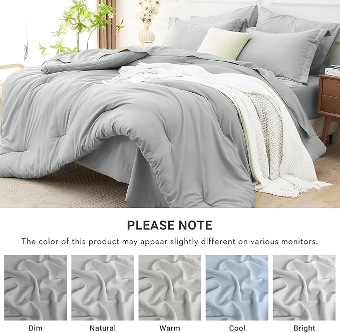 MUXHOMO 7 Pieces King Comforter Set, Soft Bed in a Bag King Size, All Season Bedding Set with Comforter, Flat Sheet, Fitted Sheet, Pillowcases & Shams, Light Grey