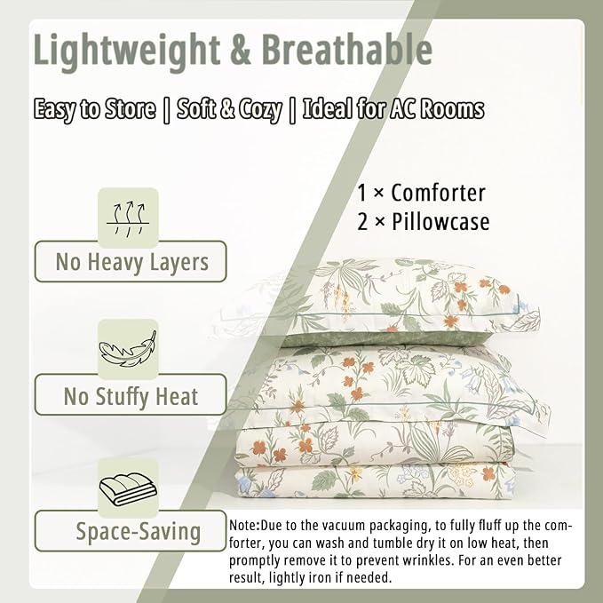 Natural Cotton 3pcs Botanical Comforter Sets Queen Size-Green Comforter with Red & Blue Flowers,Gray Leaves on Off-White, Reversible Lightweight Bedding Sets(Full/Queen)