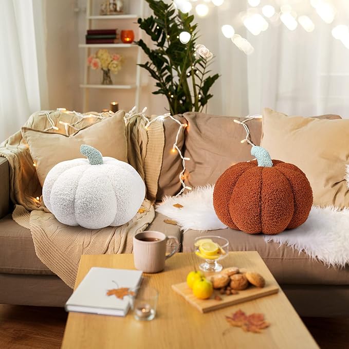 Queekay 2 Pcs Pumpkin Pillow Plush 11 x 9.5 Inch Thanksgiving Stuffed Pumpkin Decor for Fall Home Bedroom Throw Pillow Cushion Gifts for Holiday Operation Christmas Halloween Car Sofa(White)