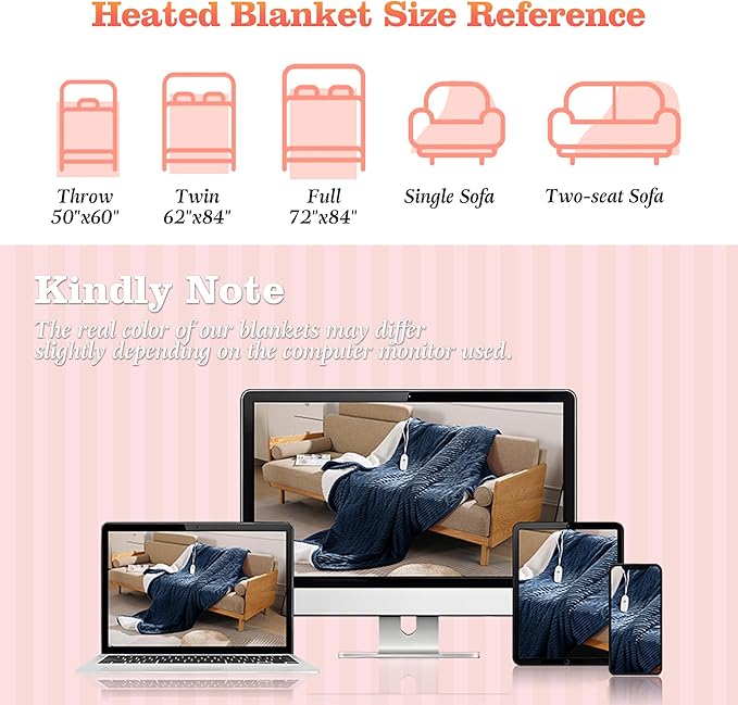 Heated Blanket Twin Size Electric Blankets - 62x84'' Electric Heated Blankets with 5 Heat Setting & 10hrs Auto Off, Small Lap Heat Blanket for Couch, FCC & ETL Certified, Warm Winter Gifts (Navy Blue)