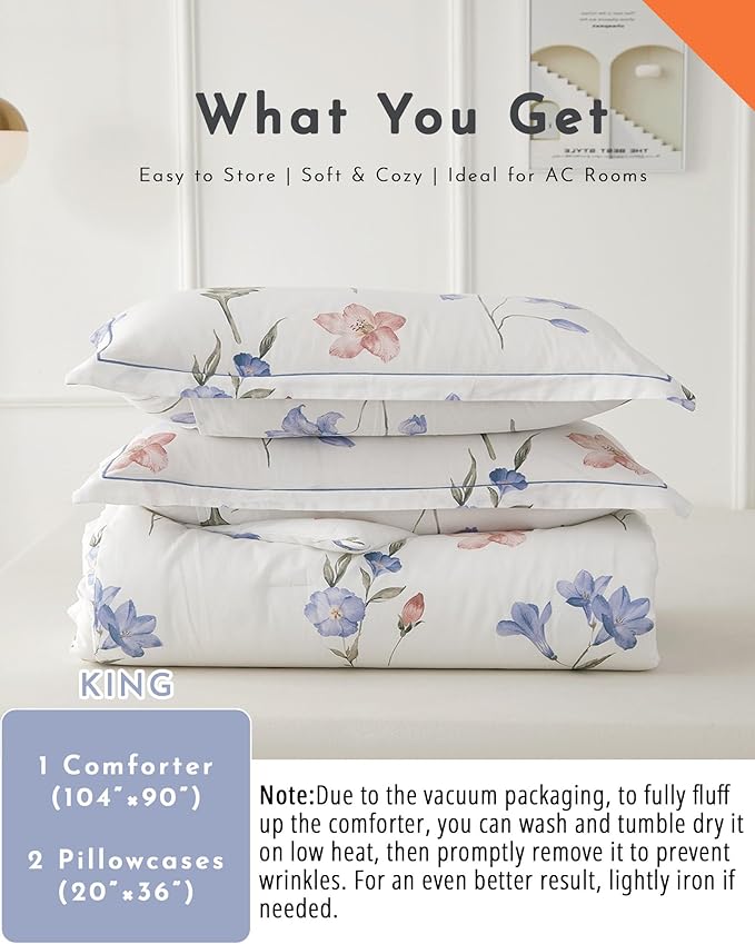 Natural Cotton 3pcs Floral Comforter Sets King Size - White Comfoter with Blush,Blue & Beige Floral Prints, Neutural Refresh Lightweight Bedding Sets(King 104"×90")