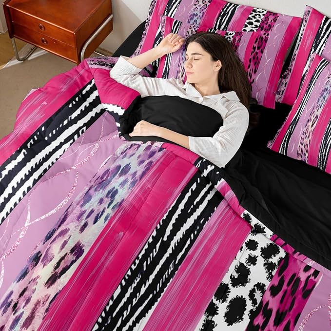 Erosebridal Leopard Print Stripe White Pink Girls Comforter Set Queen Size 7 Pieces | Cheetah Fur Geometric Bed in A Bag Animal Skin Pattern Bed Set Adults Women Men Bedding