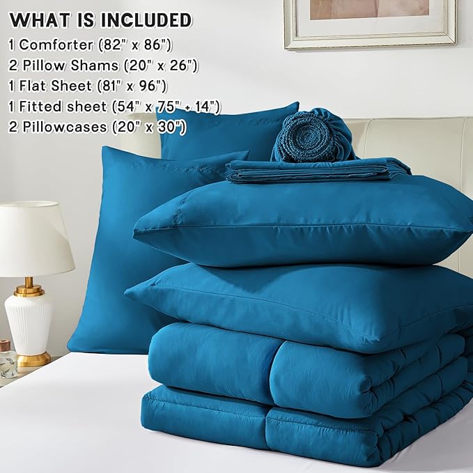 Anluoer Full Comforter Set 7 Piece, Teal Bed in a Bag with Sheets, Comforters Full Size Bedding Sets with 1 Comforter, 2 Pillow Shams, 2 Pillowcases, 1 Flat Sheet,1 Fitted Sheet